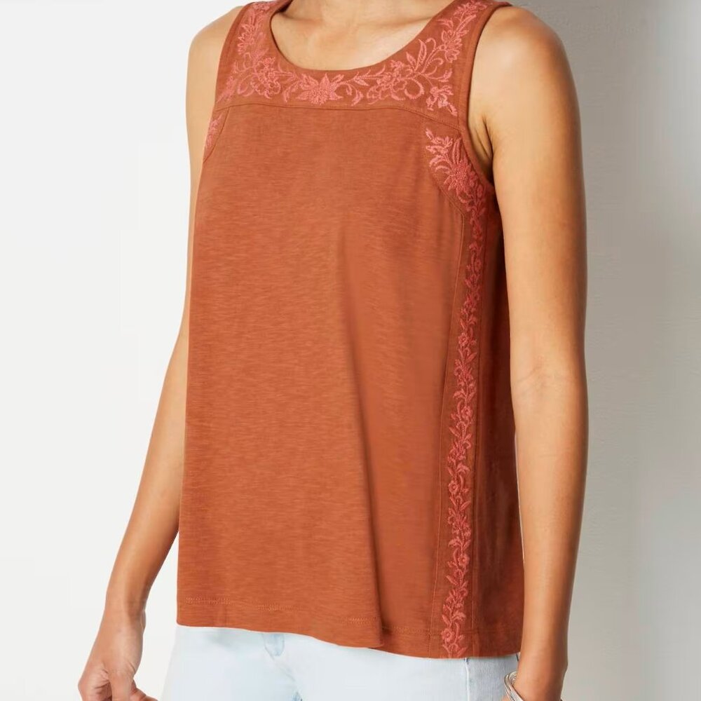J. Jill Floral Embroidered Cotton Tank Top. Clay & Hot Pink. Size XL. NWT.